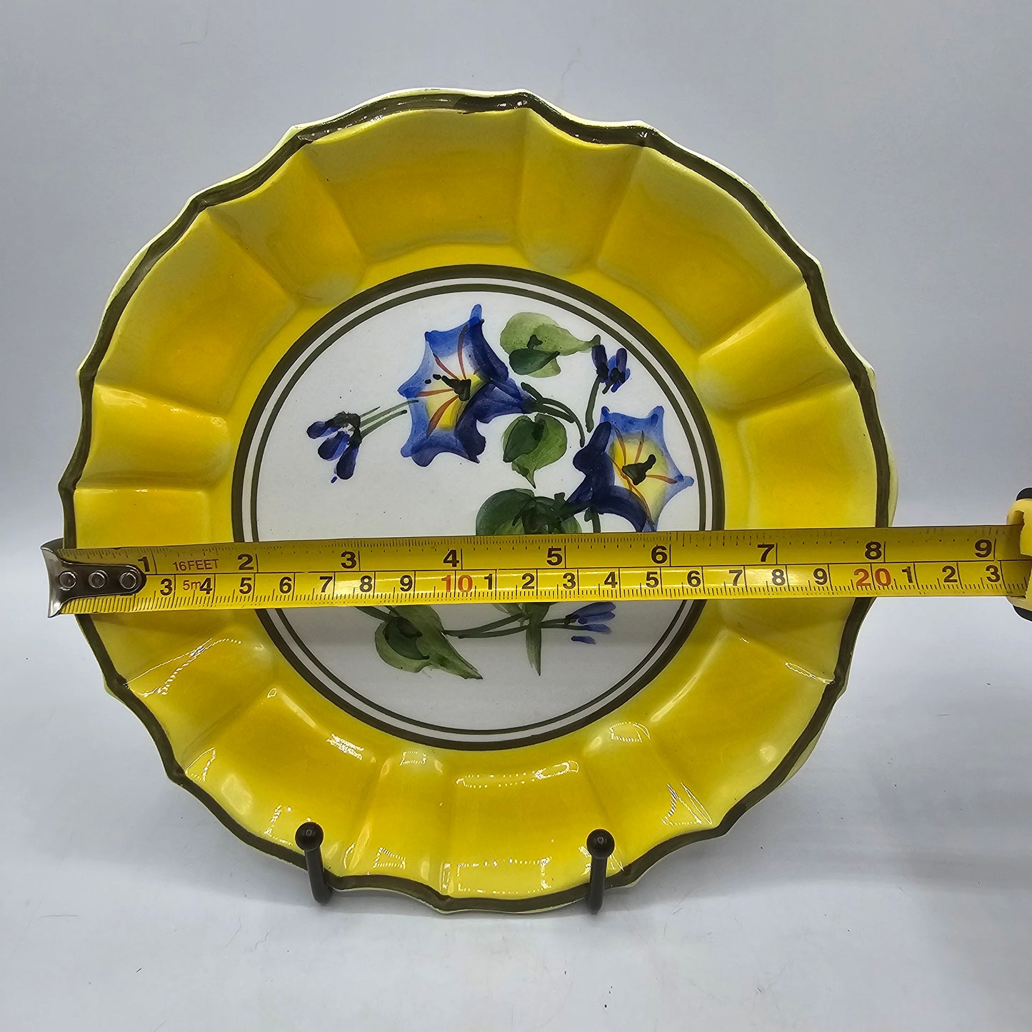 Hand Painted Italian Plate with Blue Trumpet Flower Marked 16/85 Stamped Made in Italy
