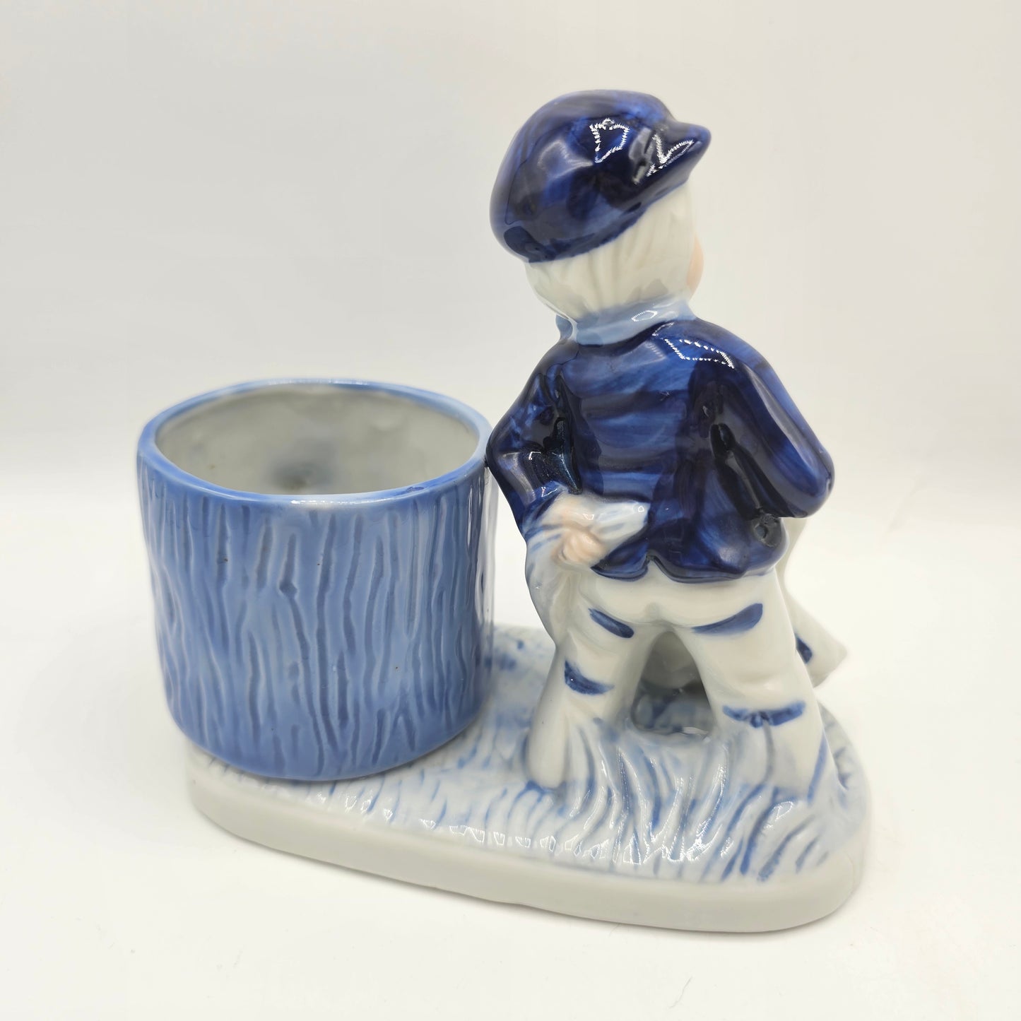 Delft Blue Style Boy Feeding Geese Porcelain Figurine