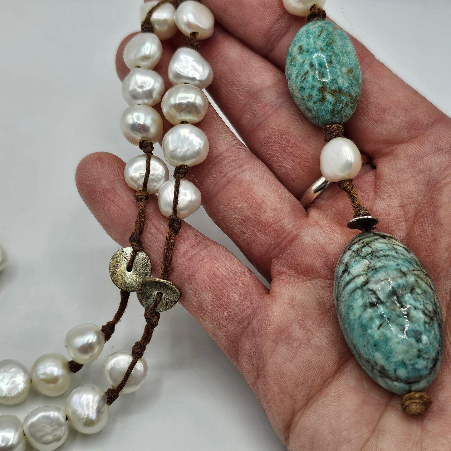 Vintage In2 Artisan Jewelry Scandanavian Design Hand Knotted Freshwater Pearl, Amazonite and Silver Drop Necklace