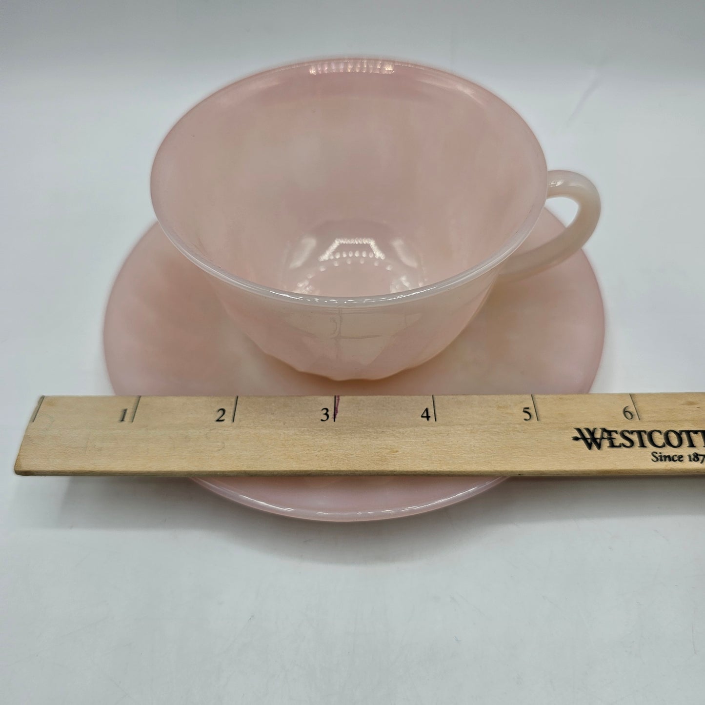 Fireking Pink Optic Swirl Glass Cups and Saucers - 3 Sets + Saucer