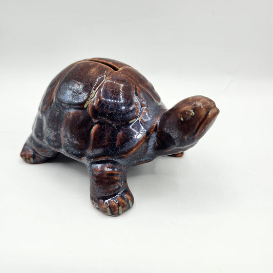 Brown Drip Glazed Terracotta Tortoise Turtle Money Coin Bank (no stopper)