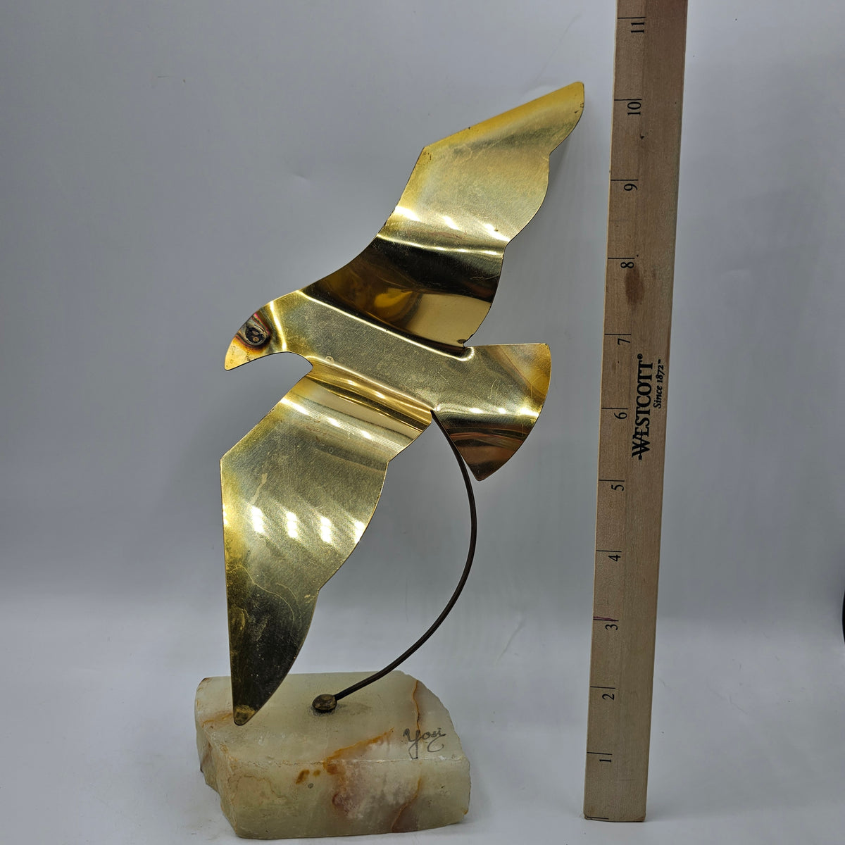 Vintage Artisan Brass Bird on Agate Stone Stand - Signed Yosi