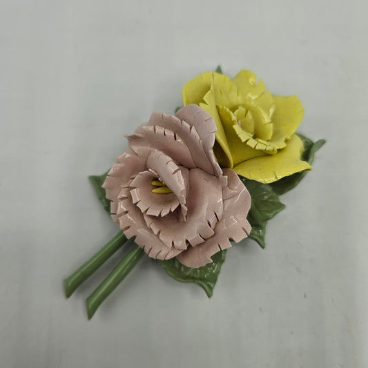 Artisan Pottery Pink and Yellow Roses Pin on Brooch