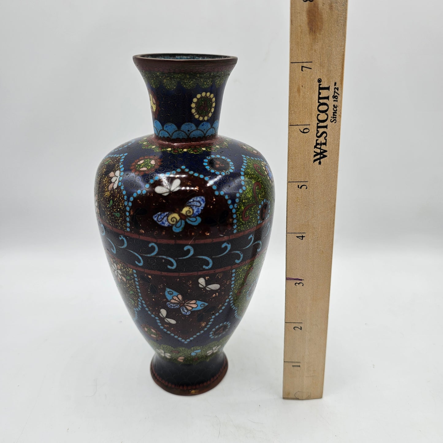 Vintage Champleve (Cloisonne) Enamelled Japanese / Asian Bud Vase with Flowers and Butterflies