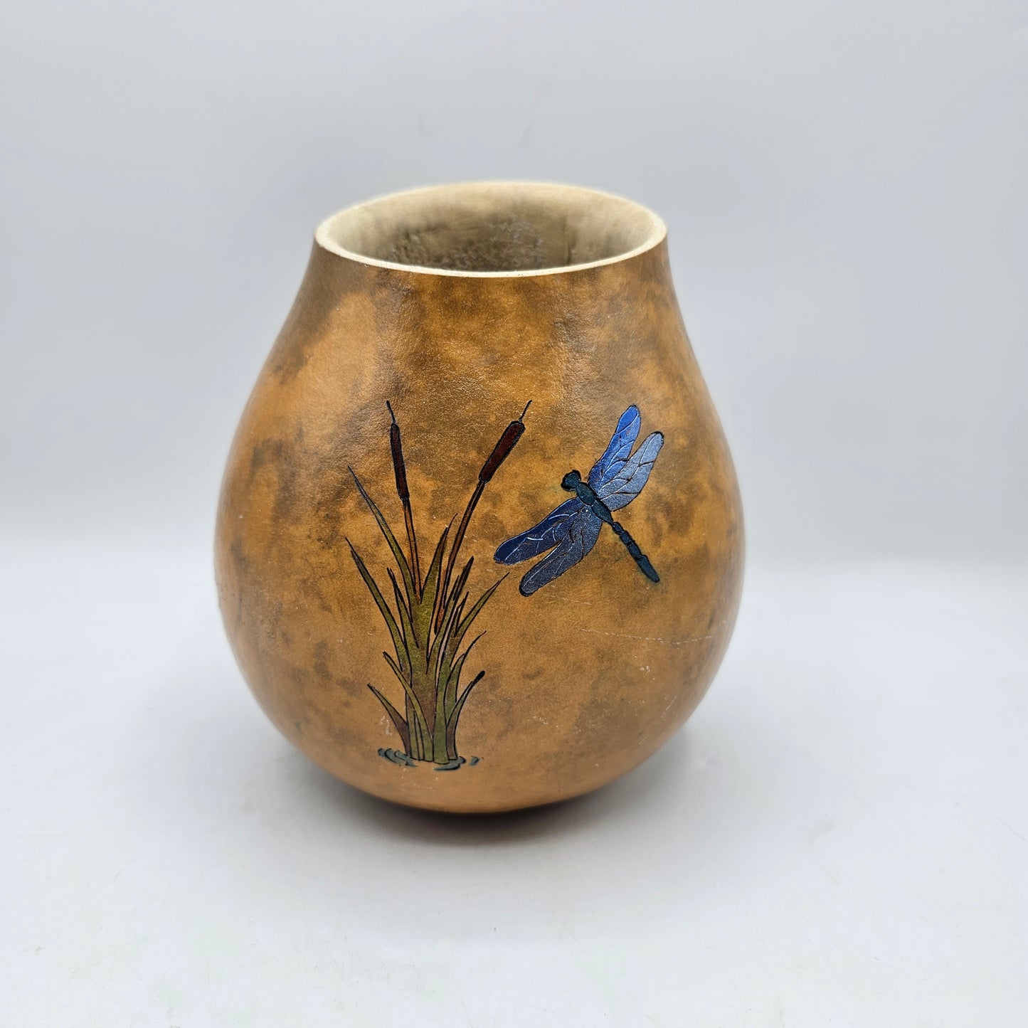 Carved, Painted and Signed Gourd Vase with Dragonfly and Bull Rushes