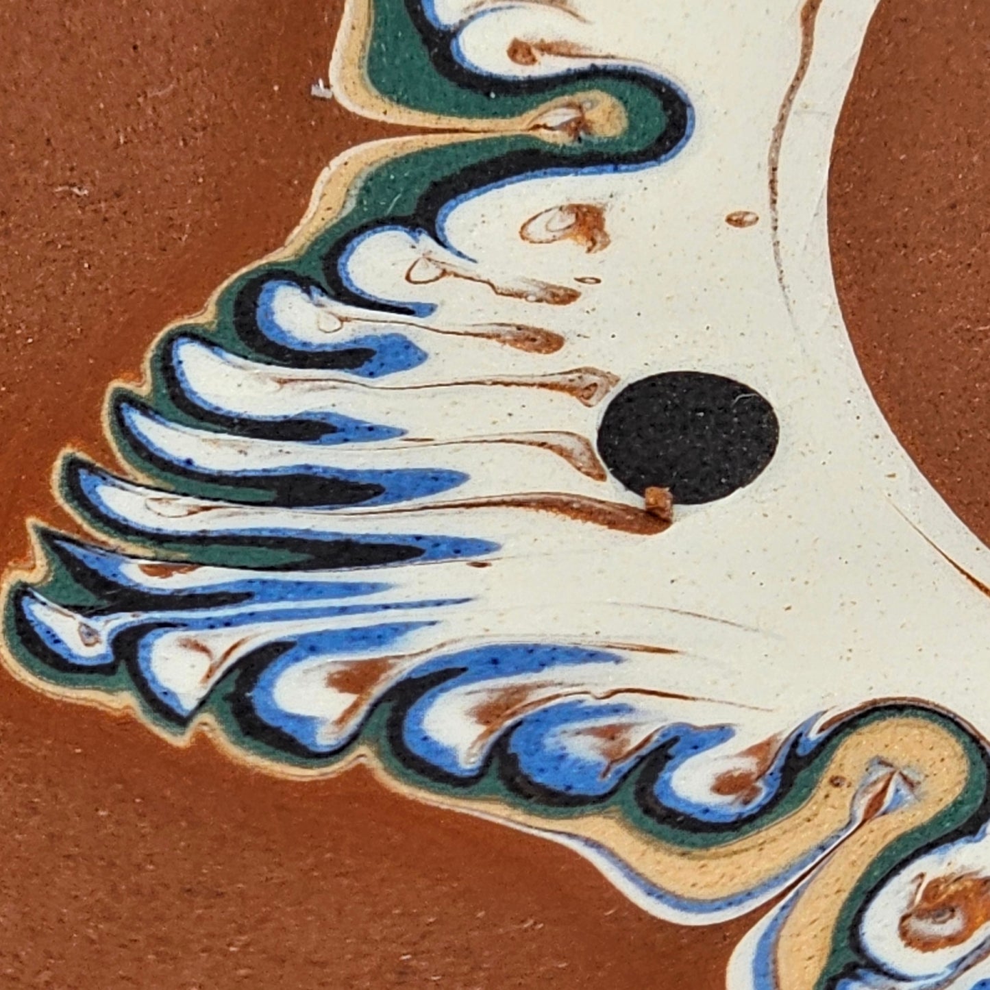 Bulgarian Troyan Pottery Plates, Handcrafted from Drip Glazed Terracotta Redware with a Feather Pulled Slip Design - Set of 4