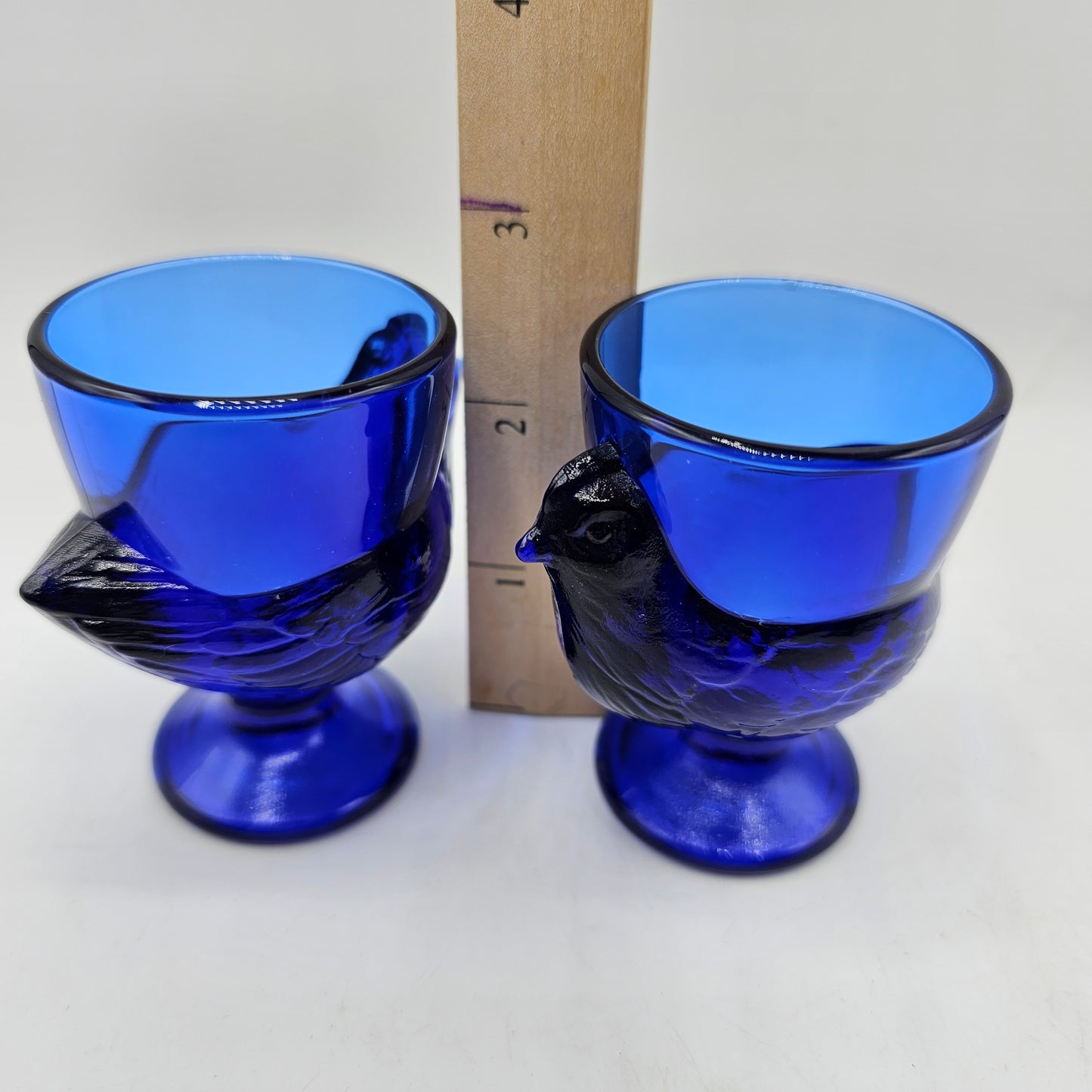 Cobalt Blue Glass Chicken Hen Rooster Egg Cups by Arcoroc of France - Set of 2