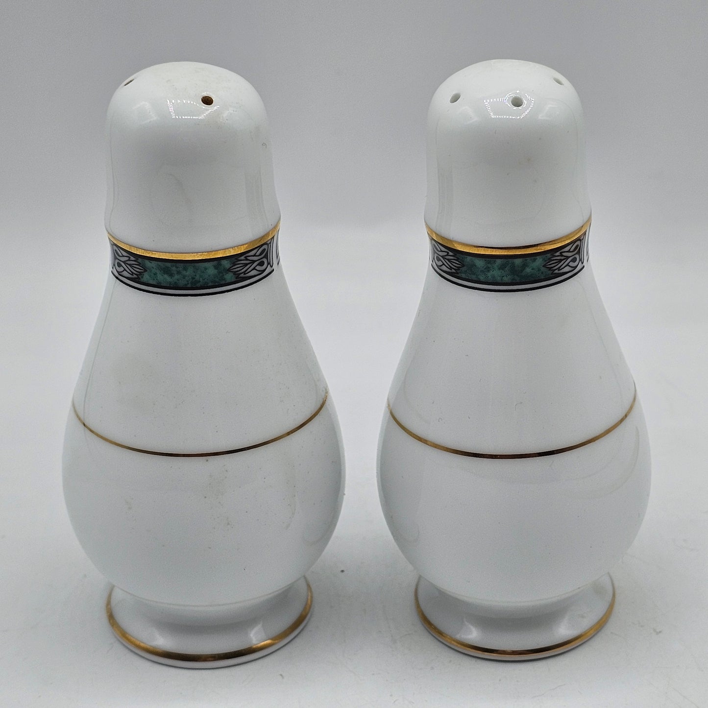 Noritake Green Gold Stripe Salt and Pepper Shakers Teardrop Shape