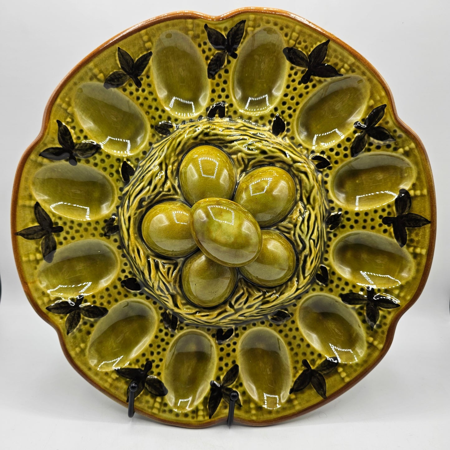 Vintage Avocado Green Glazed Devilved Egg Serving Dish with Eggs on a Nest