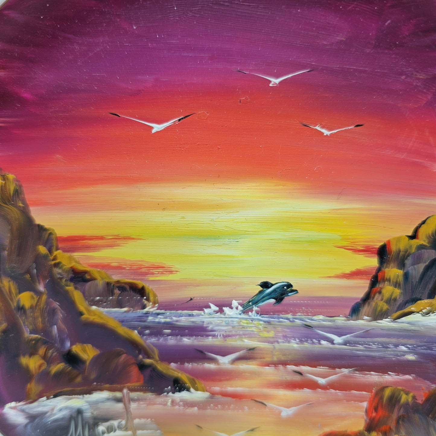 Original Signed Oil Painting of an Ocean Scene on Ceramic Plate by Artist Miguel Lopez Tula