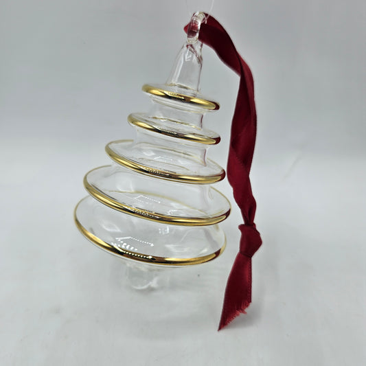 Egyptian Blown Glass with Gold Christmas Tree Ornament with Red Ribbon in Original Box