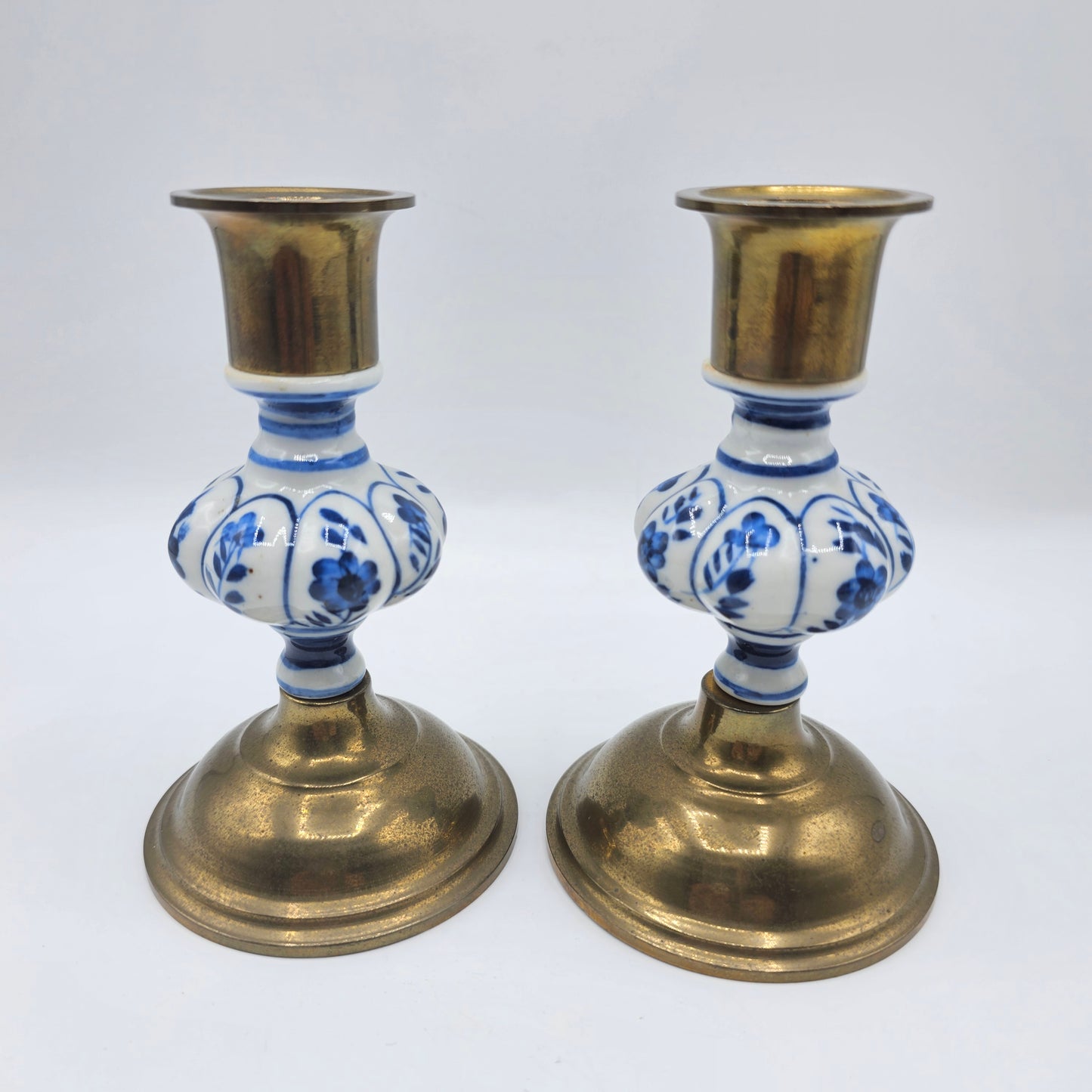 Vintage Brass with Blue and White Porcelain Delft Candlestick Pair