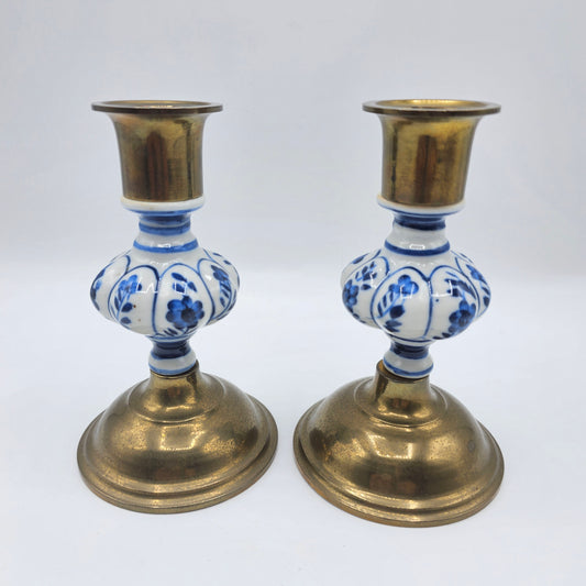 Vintage Brass with Blue and White Porcelain Delft Candlestick Pair