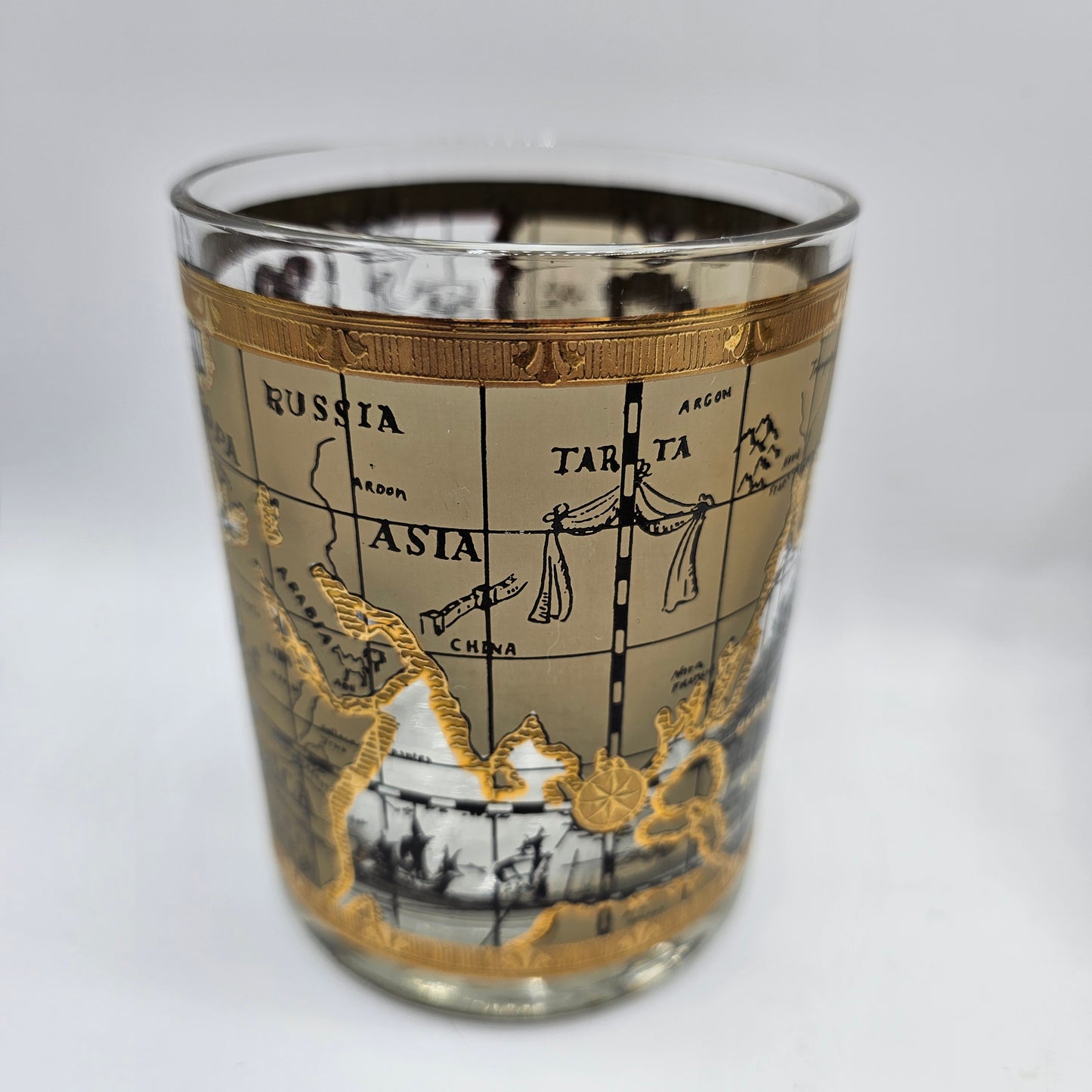 Vintage Cera Old World Globe Map Lowball Whiskey Glasses Tumblers with Applied Gold Design - Set of 4