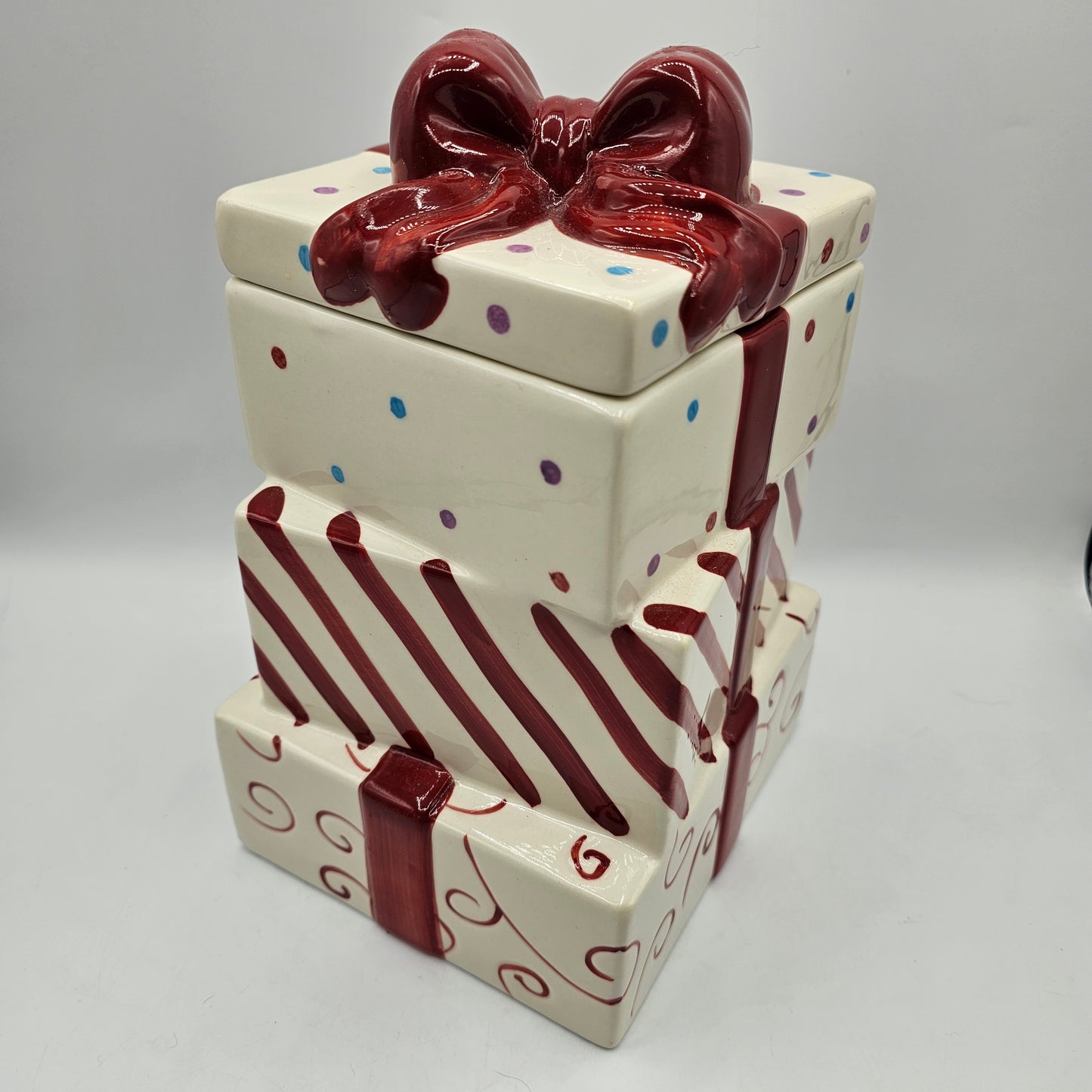 Polka Dot and Bow Stacked Presents Ceramic Cookie Jar with Candy Cane Stripes