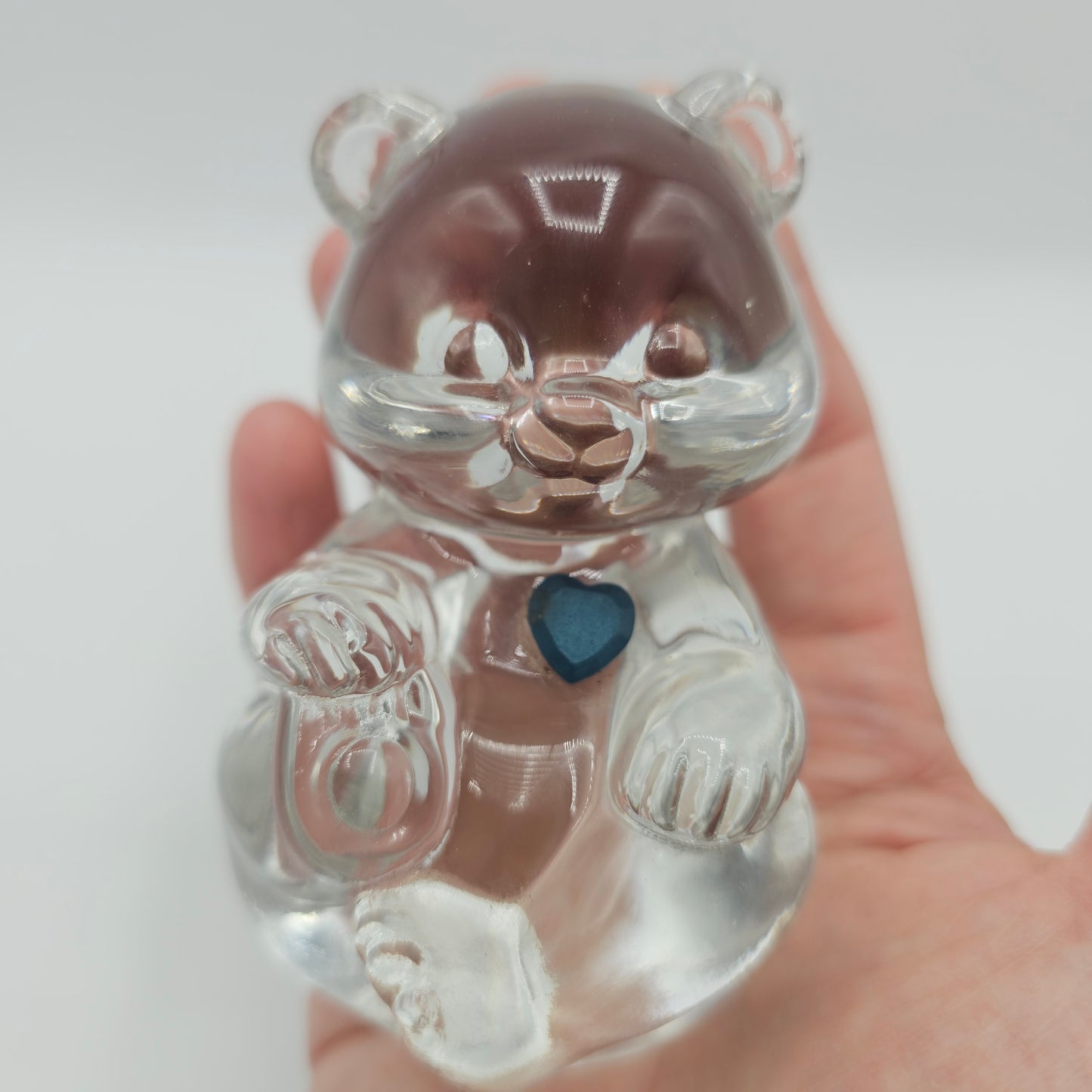 Fenton Clear Crystal Birthday Bear with Blue Birthstone Heart