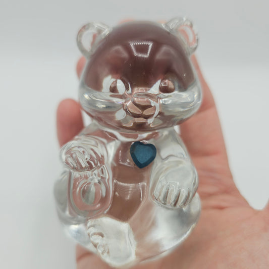 Fenton Clear Crystal Birthday Bear with Blue Birthstone Heart