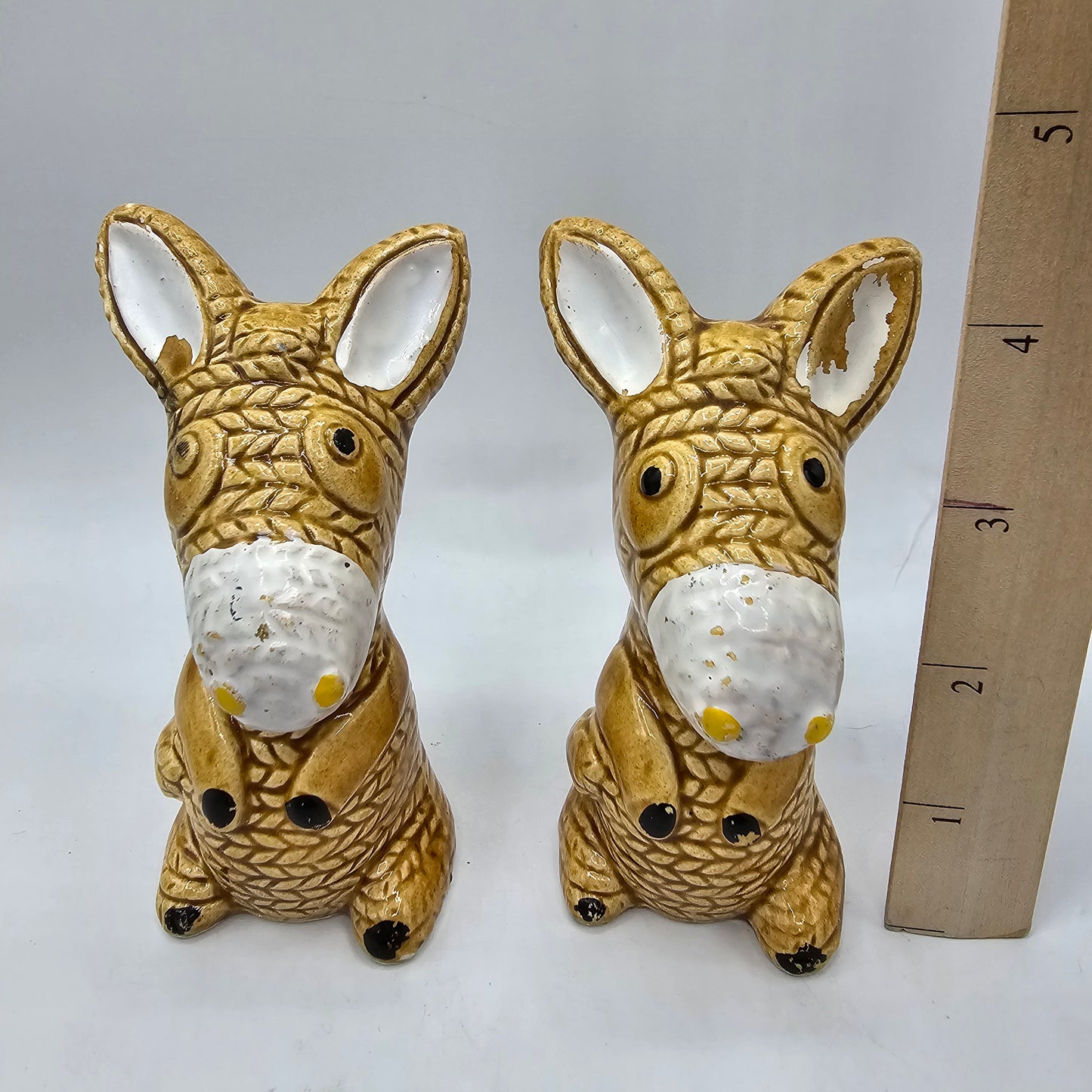 Vintage Straw Rope Look Cold Painted Ceramic "Salt and Pepper Prototype" Dog Figurines (not functional; they do not have shaker holes)