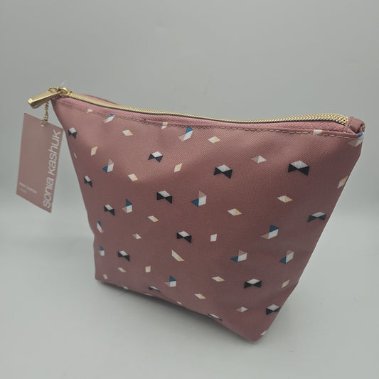 Sonia Kashuk Dusty Pink Boat Clutch - Zip Up Cosmetic Bag with Geometric Triangles Pattern