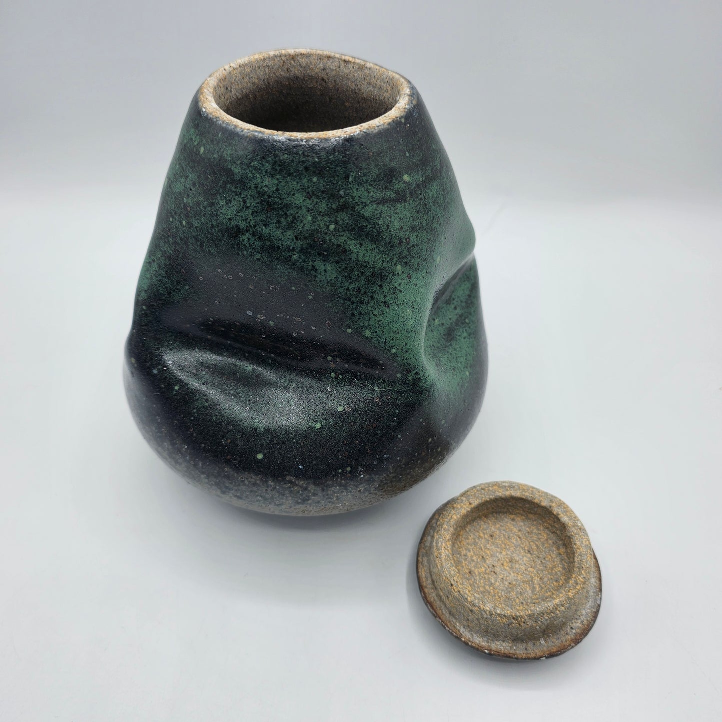 Artisan Pottery Green Squeezed Lidded Jar