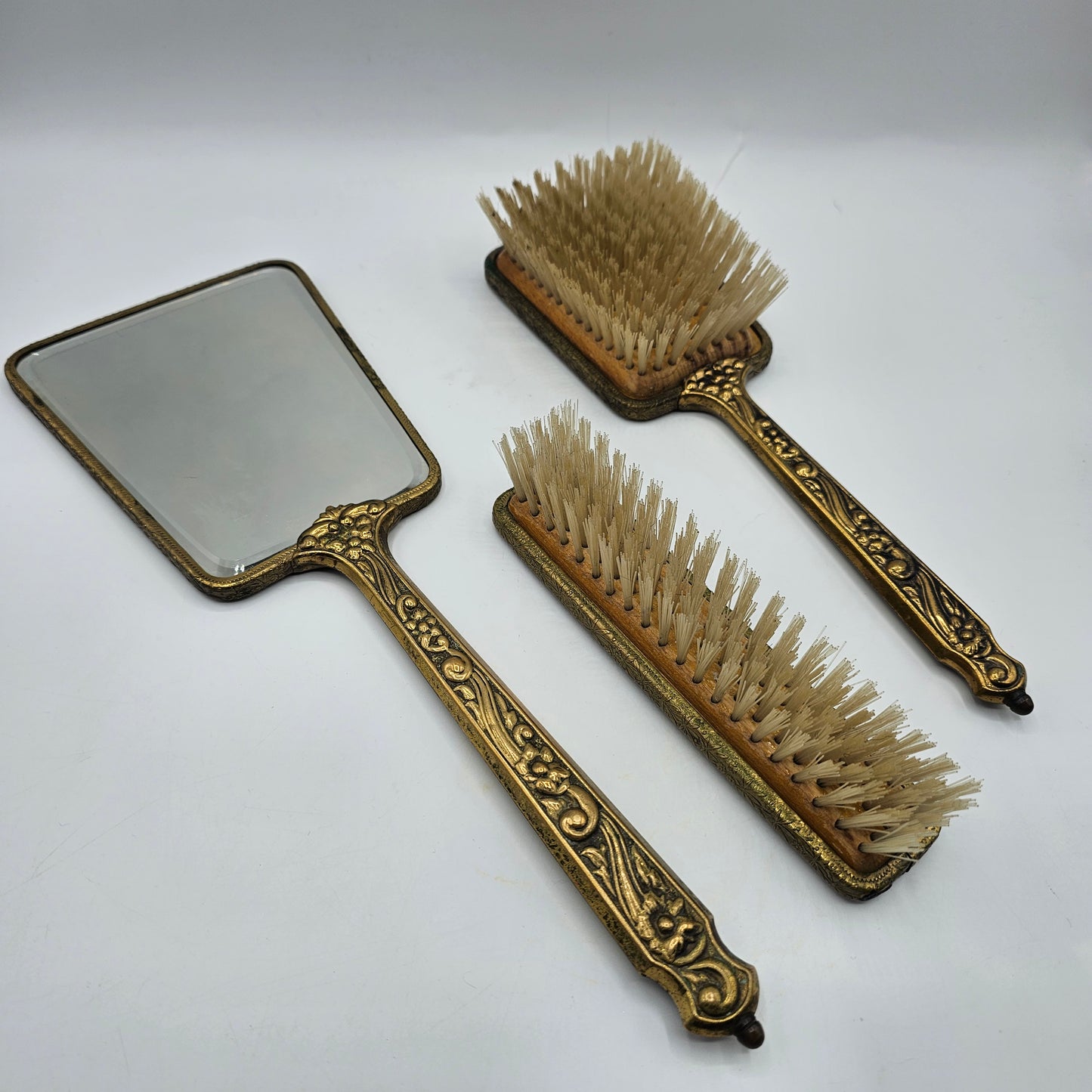 Vintage Petit Point Embroidery 3 Piece Vanity Dresser Set - Hairbrush, Clothes Brush and Beveled Hand Mirror; Wood with Brass
