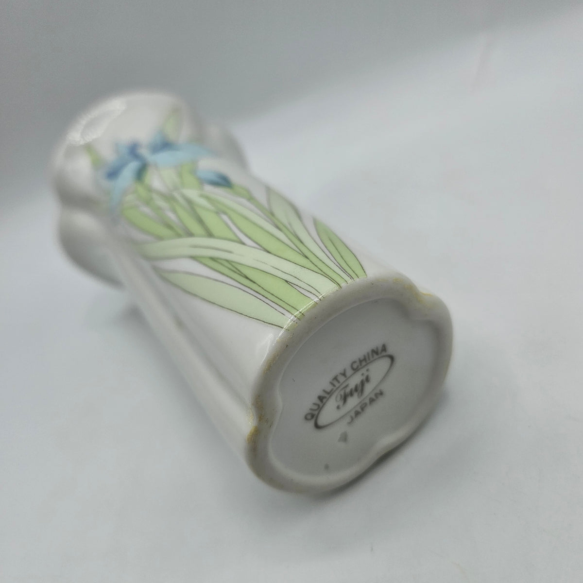 Vintage Porcelain Bud Vase with Blue Iris Flowers by Fuji of Japan (wear to gold as noted)