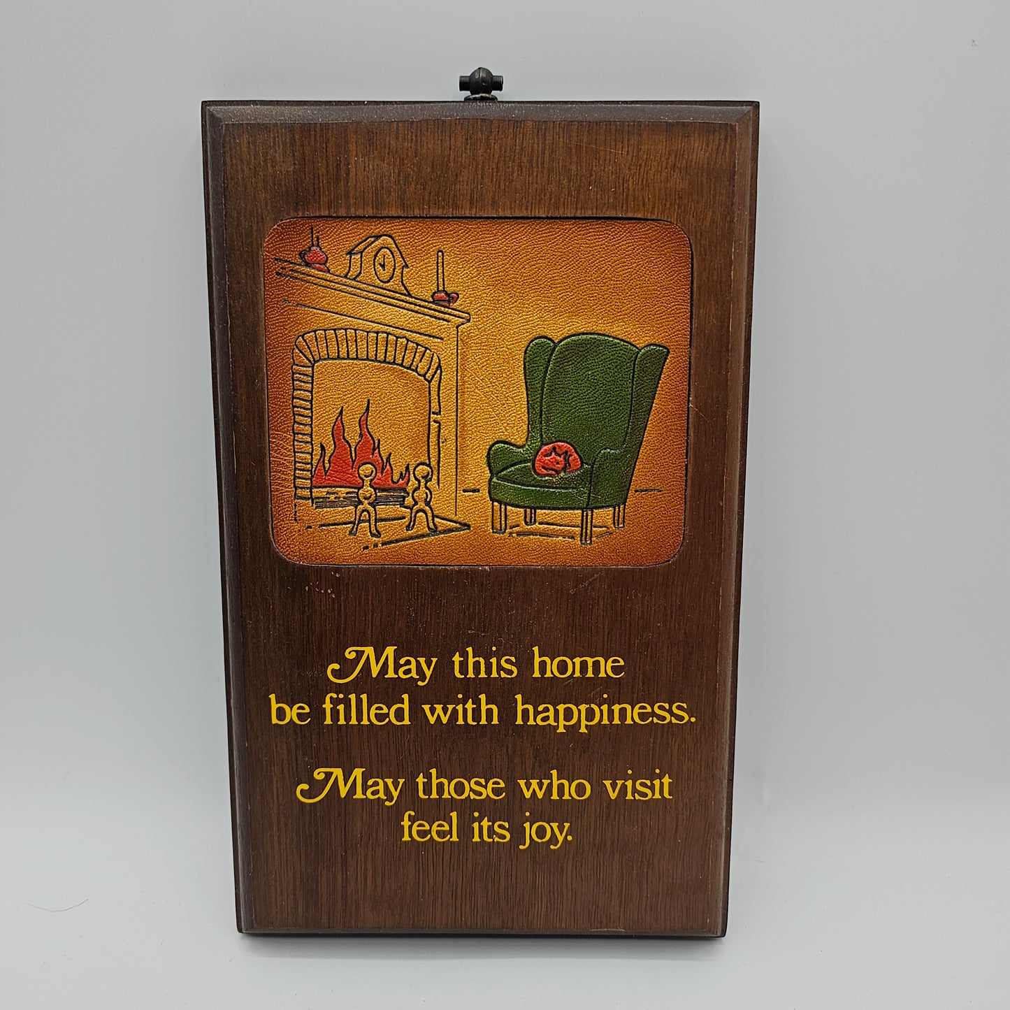 Vintage Inlaid Leather and Wood Wall Plaque