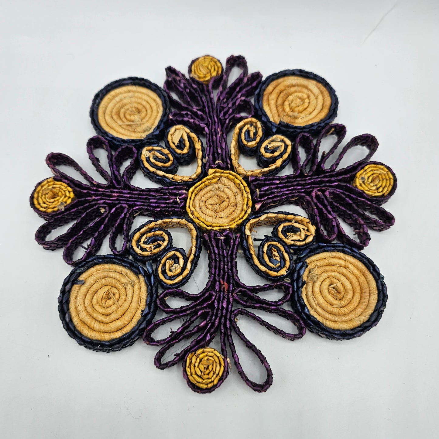 Vintage Woven Wicker Trivet - Purple with Hearts