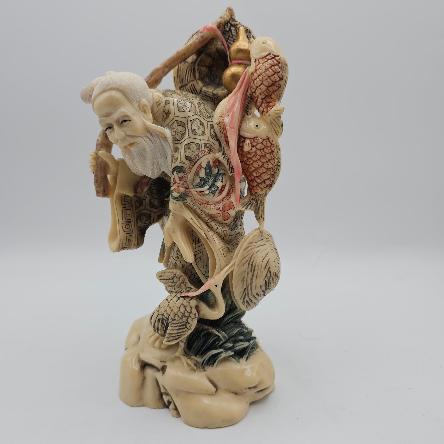 Old Asian Fisherman Figurine Resin with Scrimshaw Design
