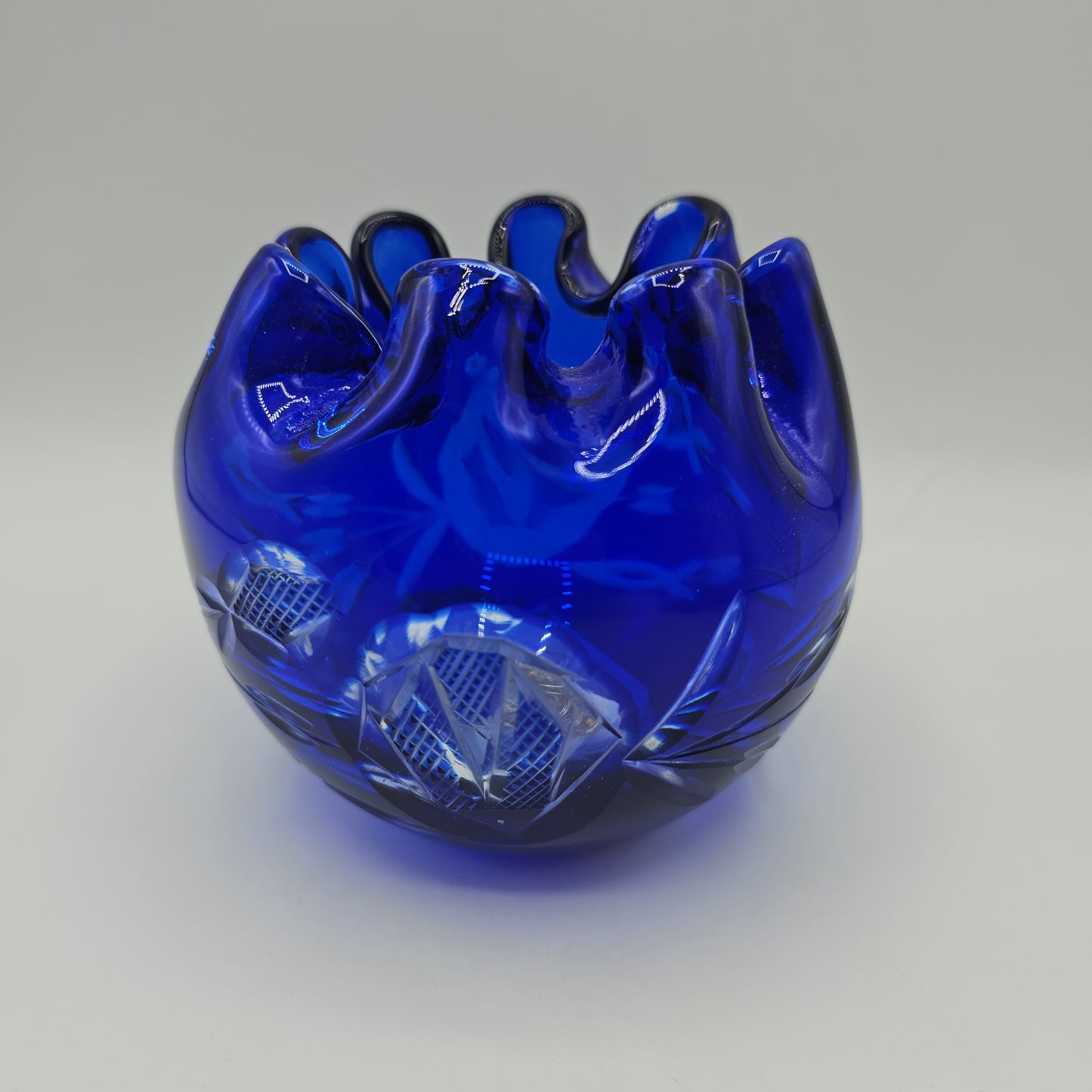Bohemian Cobalt Blue Hand Cut-to-Clear Glass Rose Bowl with Ruffled Top Rim