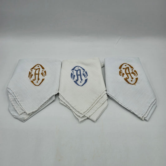 Vintage Embroidered Letter A Monogram Rolled Edge Large Soft Cotton Handkerchief / Hanky - Set of 3