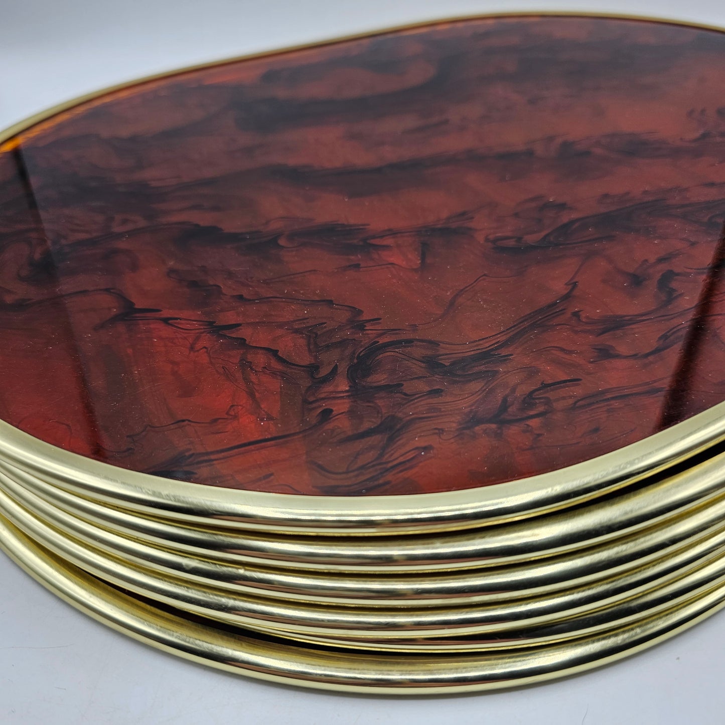 Vintage Tortoiseshell Lucite Placemats with Gold Tone Metal Rim - Set of 6