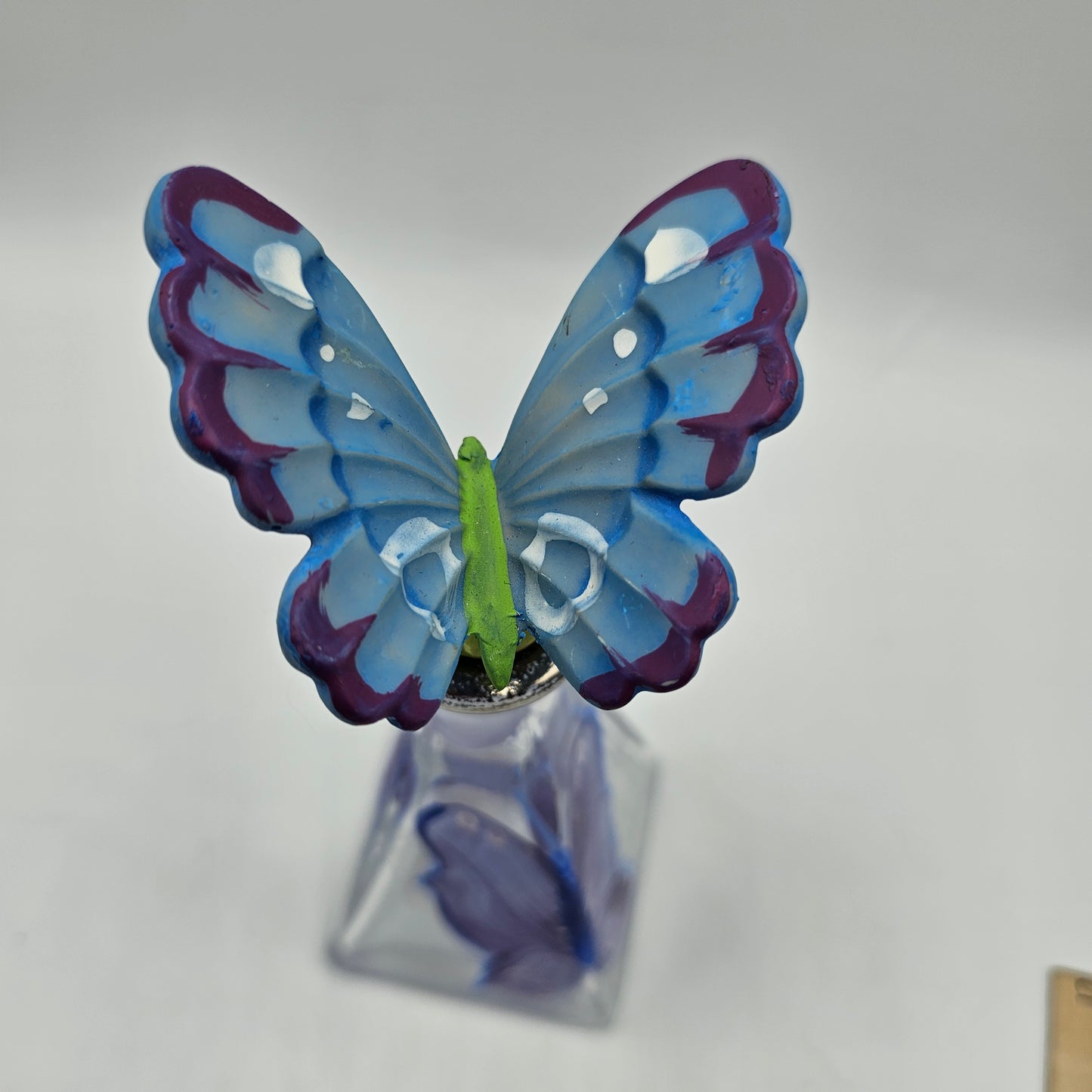 Hand Painted Glass Bottle with Figural Butterfly Stopper