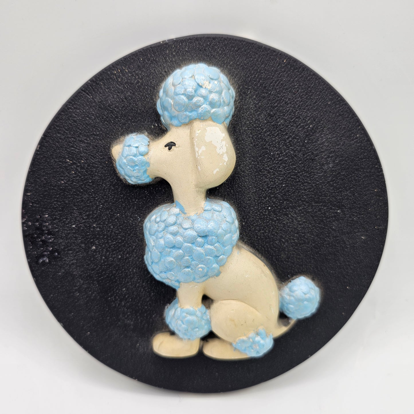 Vintage Chalkware Round Wall Plaque featuring a Poodle Dog