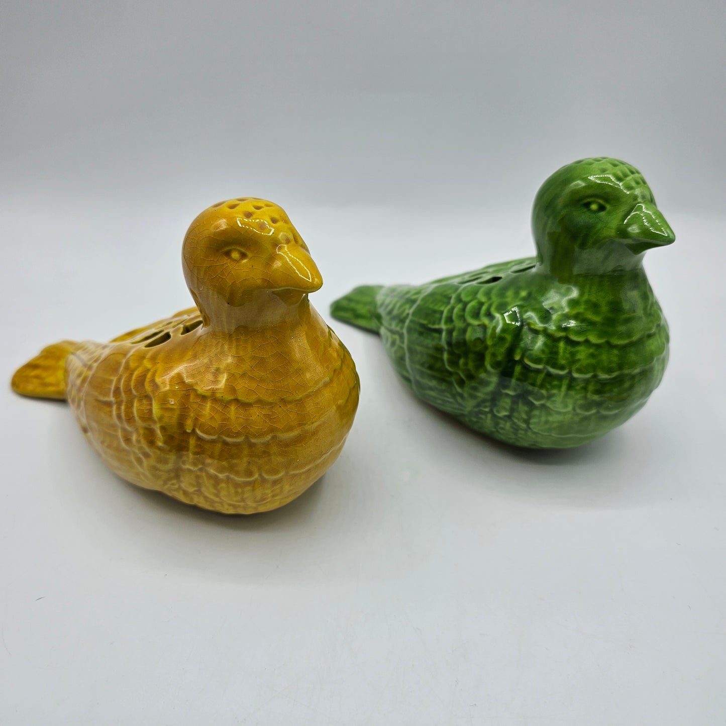 Vintage Yellow and Green Ceramic Flower Frog Birds - Made in Italy