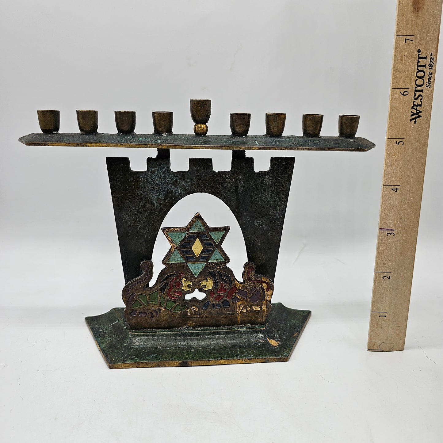 Vintage Solid Brass Painted Menorah for Taper Candles