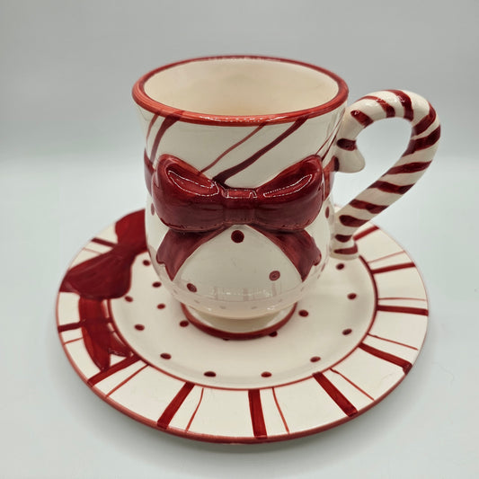 Polka Dot and Bow Candy Striped Mug and Plate Set