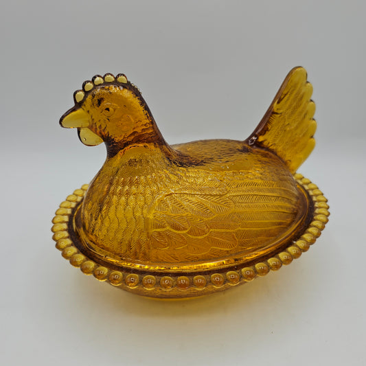 Vintage Amber Glass Chicken on Nest Trinket Box
