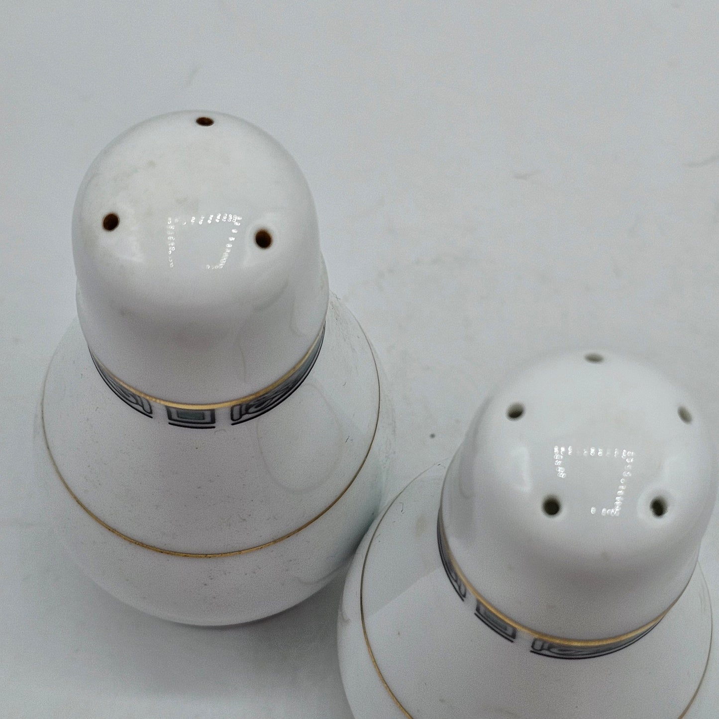 Noritake Green Gold Stripe Salt and Pepper Shakers Teardrop Shape