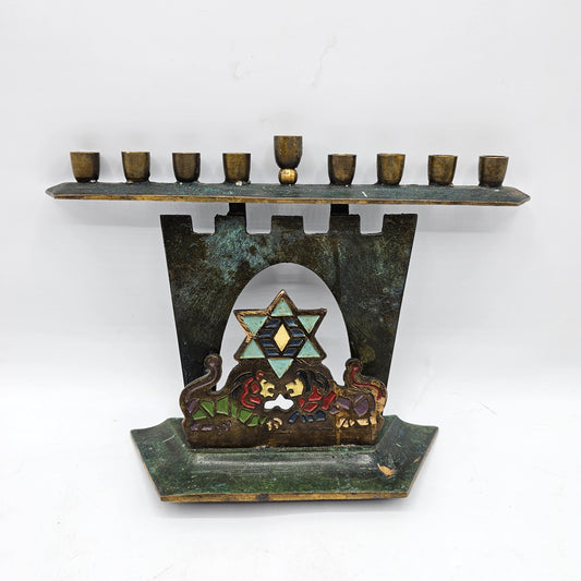 Vintage Solid Brass Painted Menorah for Taper Candles