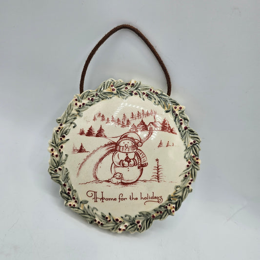 Ceramic Snowman Themed Wall Hanging Christmas Ornament / Stocking or Gift Tag  Home for the Holidays