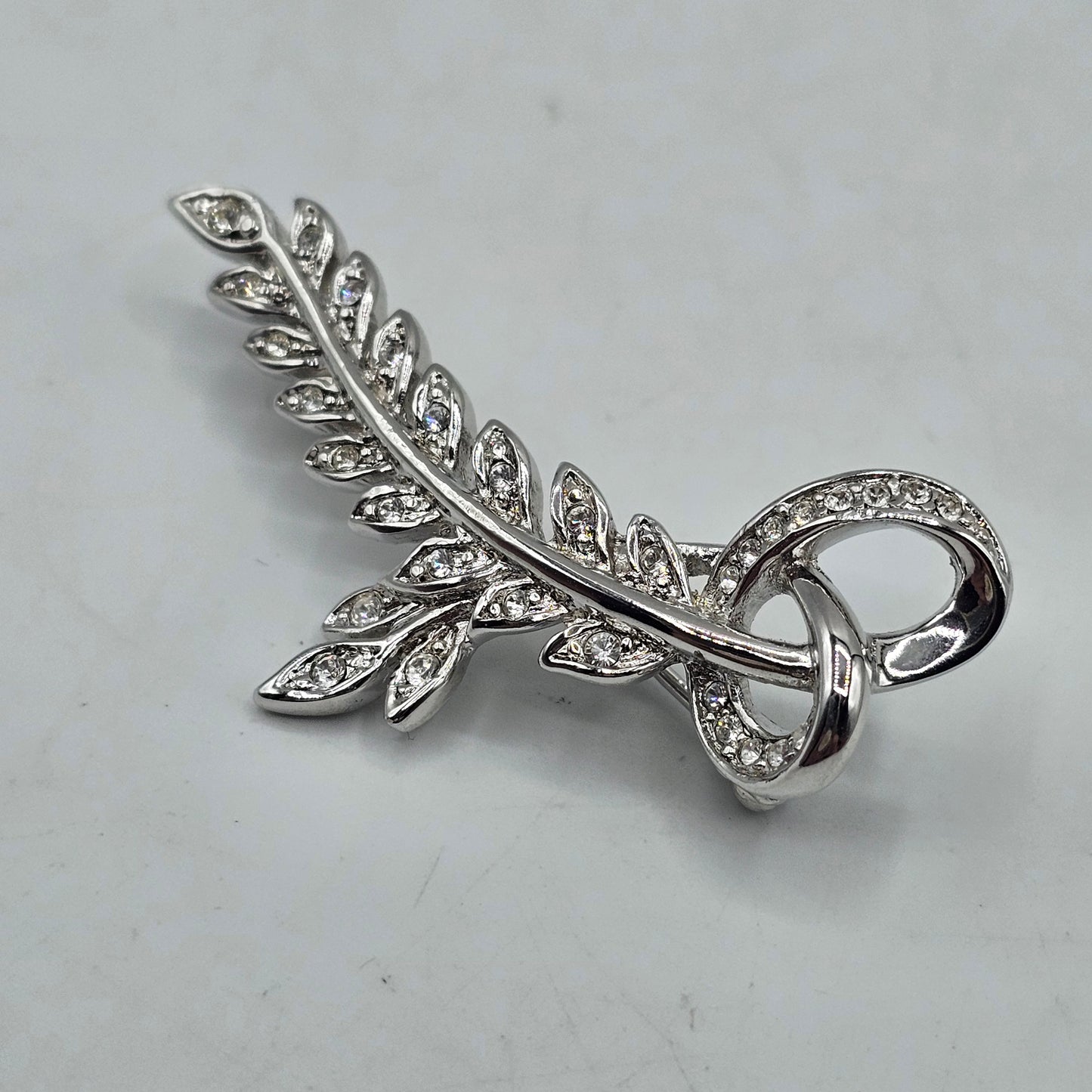 Vintage Silver Tone and Crystal Leaf Design Brooch