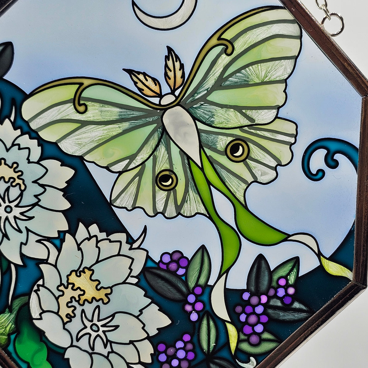Amia Handpainted Glass Lunar Moth Suncatcher with Chain for Hanging