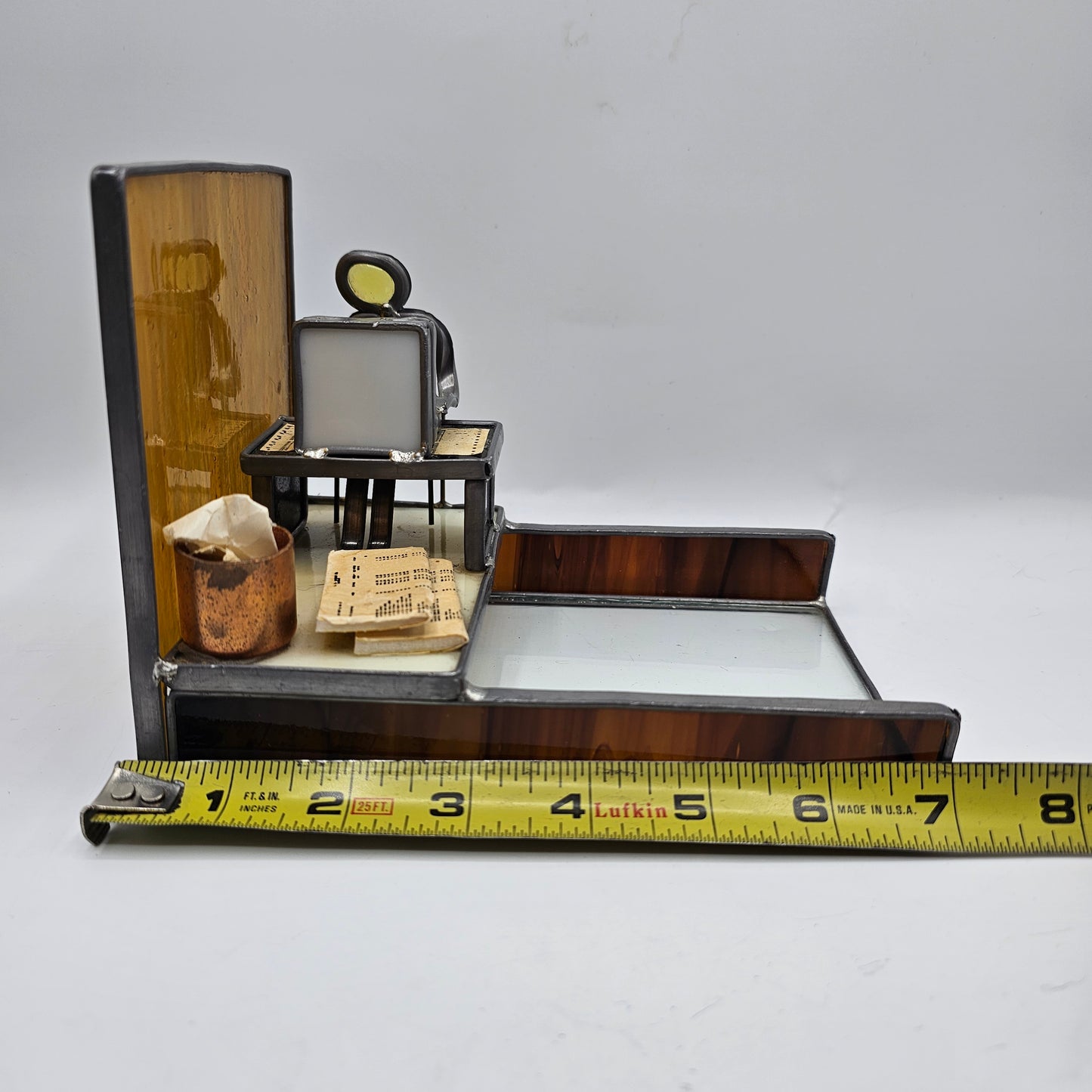 Vintage Carl Goeller Salesman / Stockbroker Sculptural Stained and Leaded Glass Letter Tray Desk Caddy