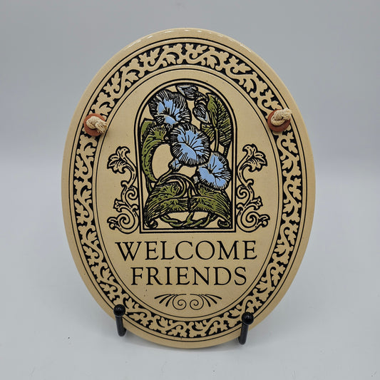 "Welcome Friends" Ceramic Sign with Flowers and String for Hanging