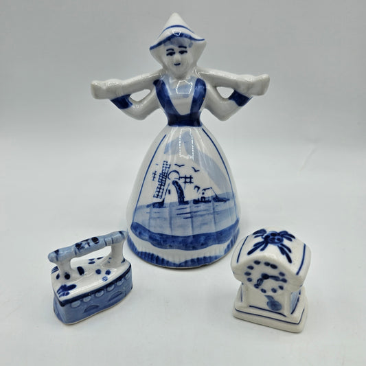Delft Blue Girl, Clock and Hot Iron Figurines - Lot of 3