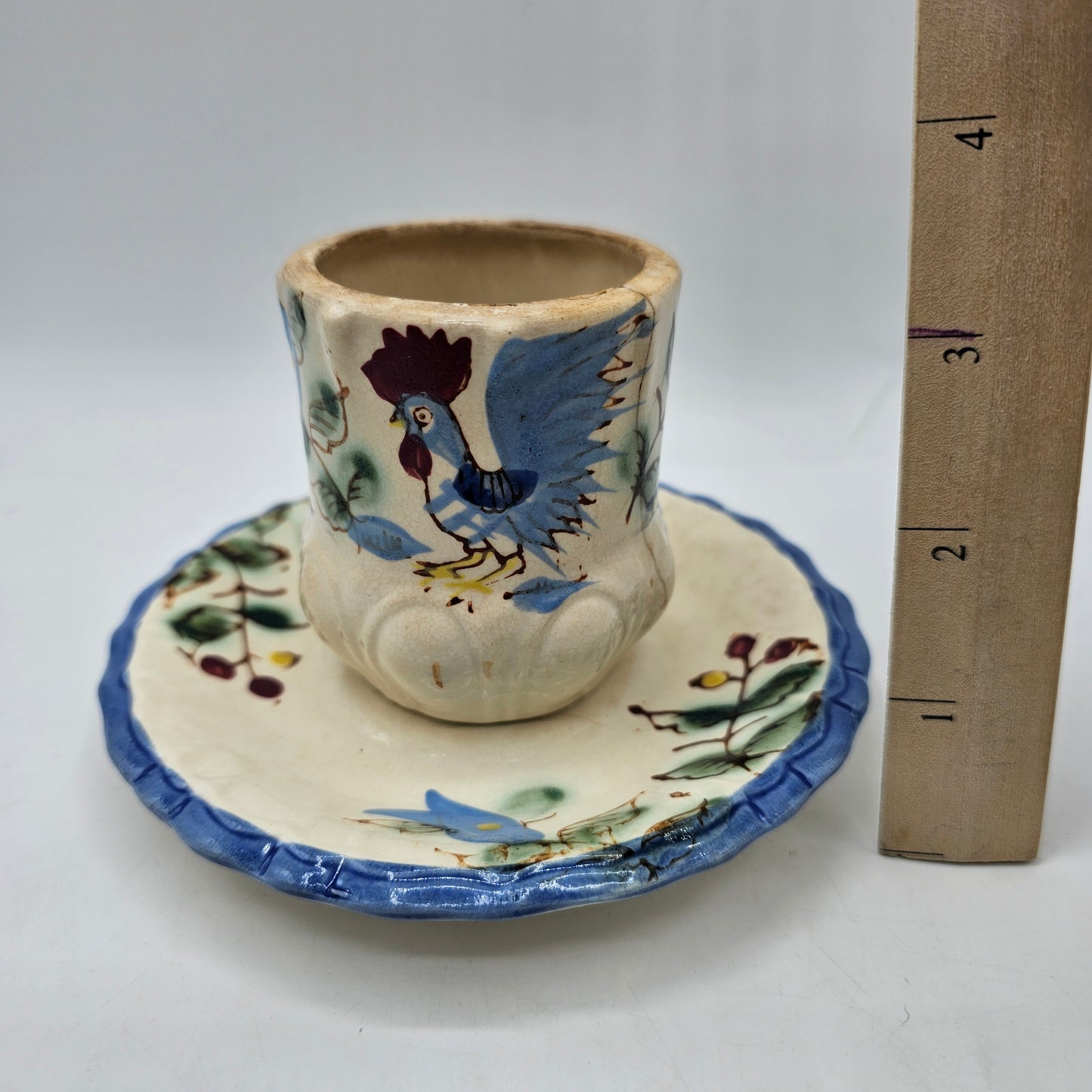 Vintage Nasco Blue Rooster Condiment, Jam Jar or Planter with an Attached Underplate (vintage condition)