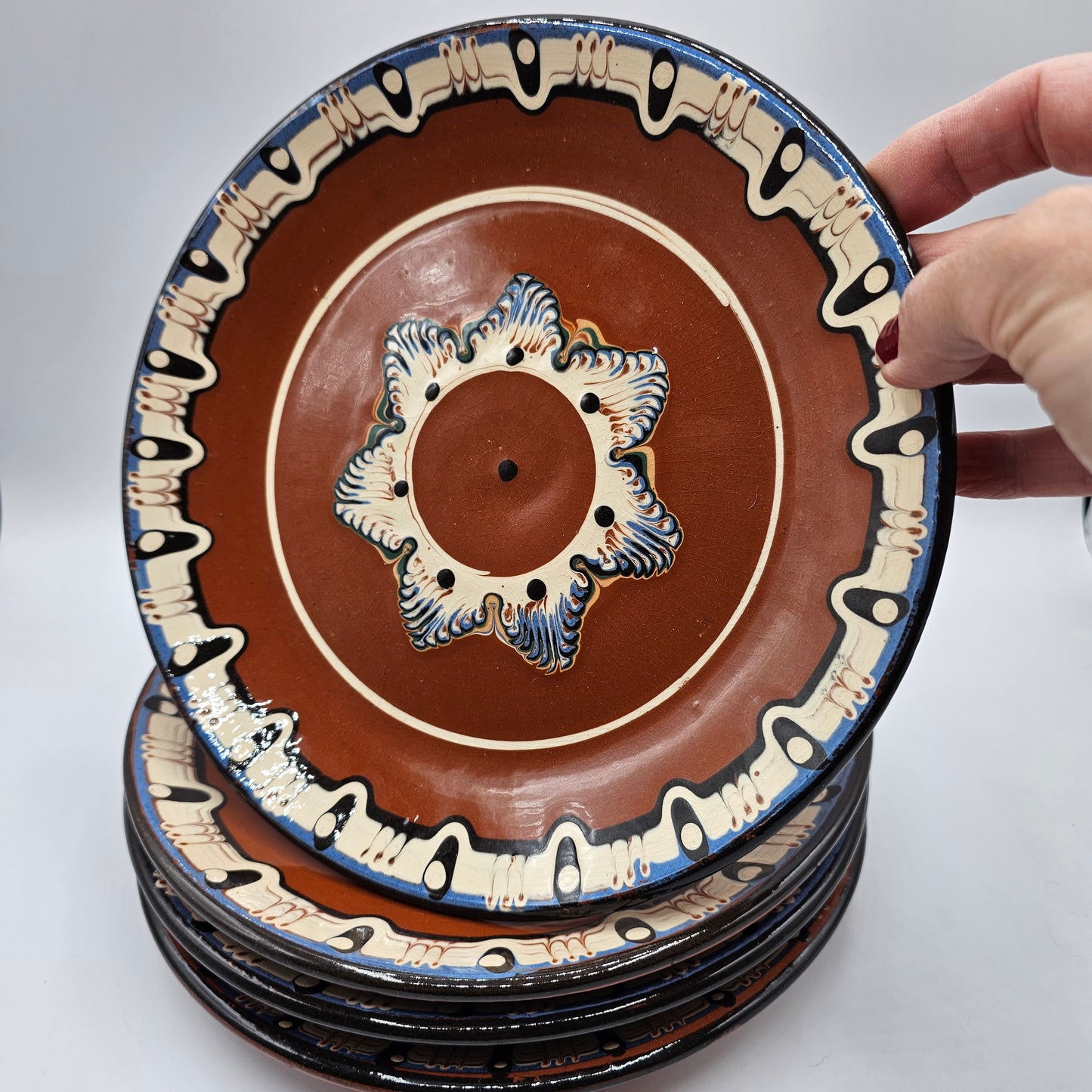 Bulgarian Troyan Pottery Plates, Handcrafted from Drip Glazed Terracotta Redware with a Feather Pulled Slip Design - Set of 4