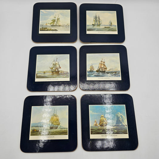 Set of 6 Ship / Nautical Themed Cork Backed Coasters by Cloverleaf