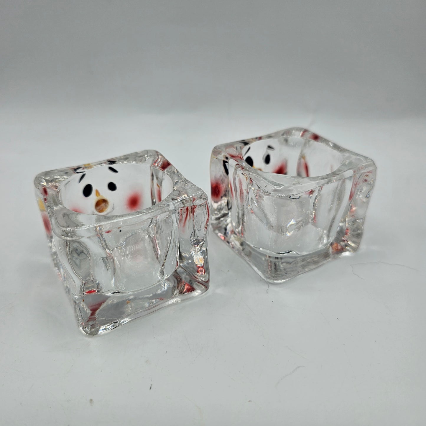 Glass Snowman Votive or Tealight Candle Holders - Set of 2